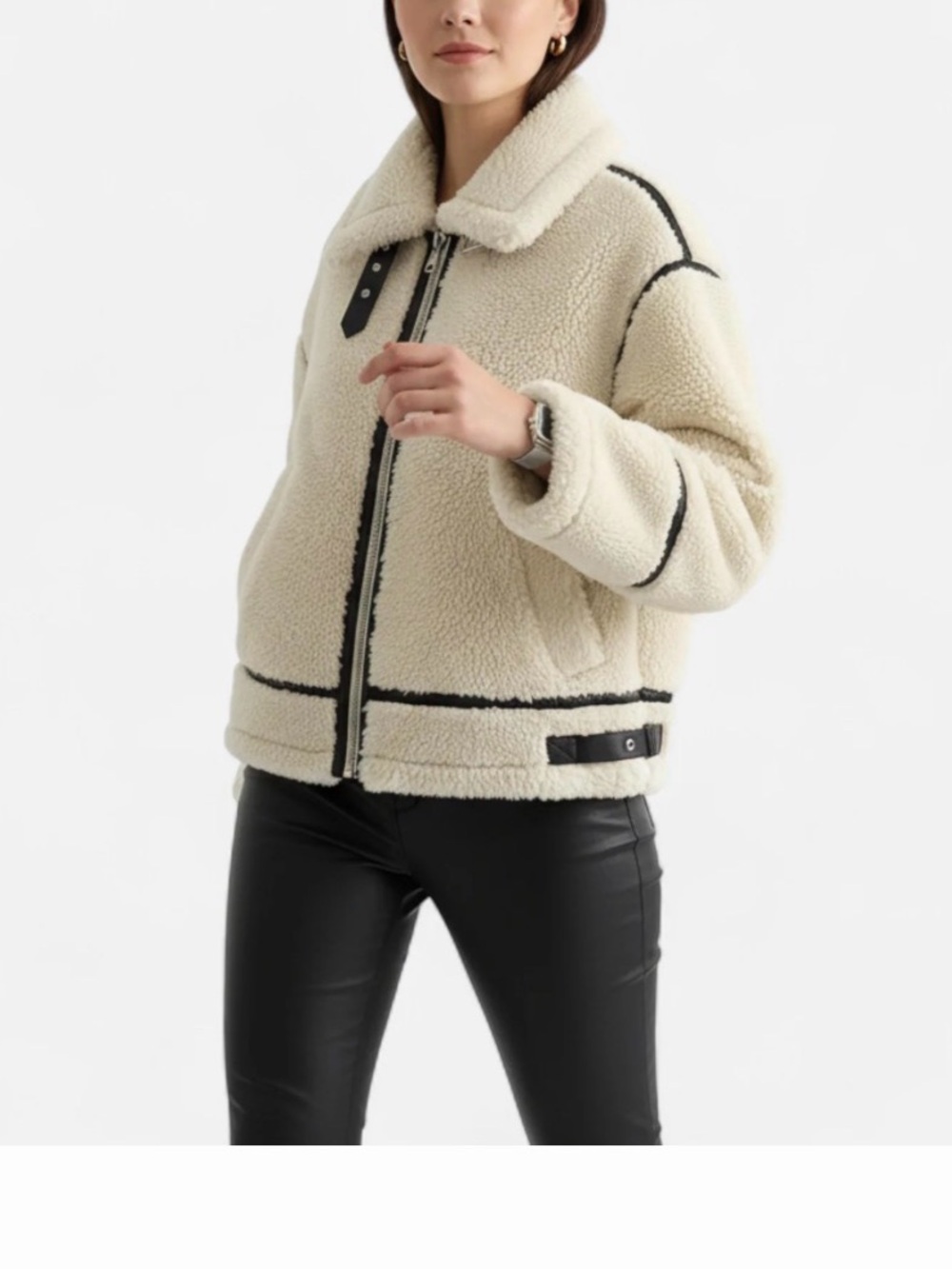 Zara Cream Teddy Jacket with Black Contrast Trim